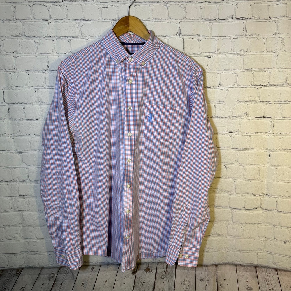 Johnnie-O Mens Medium Coral Reefer Gingham Cotton Button Down Shirt JMWL2040